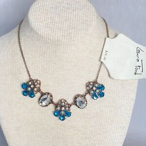 Laura Ford Blue Clear Crystal Bib Necklace Gold Tone Chain Lobster Claw Clasp